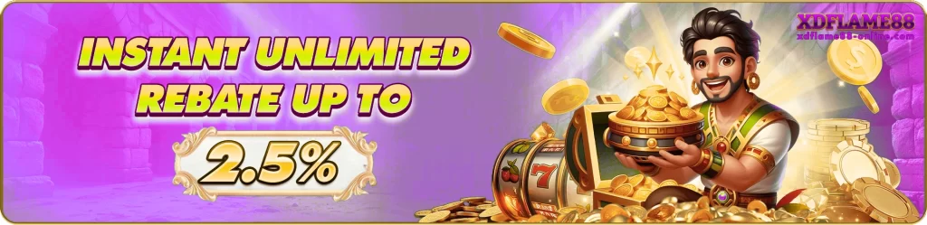 XDFLAME88 instant unlimited rebate promotion banner featuring cashback rewards and casino players enjoying continuous bonuses in a dynamic digital casino environment